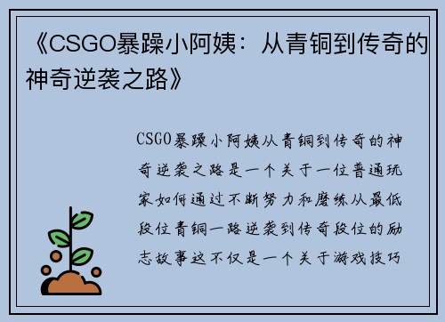 《CSGO暴躁小阿姨：从青铜到传奇的神奇逆袭之路》