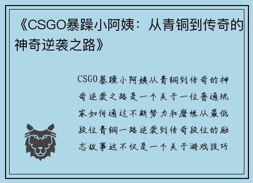 《CSGO暴躁小阿姨：从青铜到传奇的神奇逆袭之路》