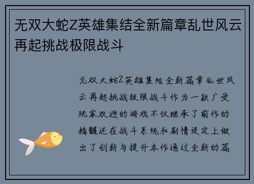 无双大蛇Z英雄集结全新篇章乱世风云再起挑战极限战斗