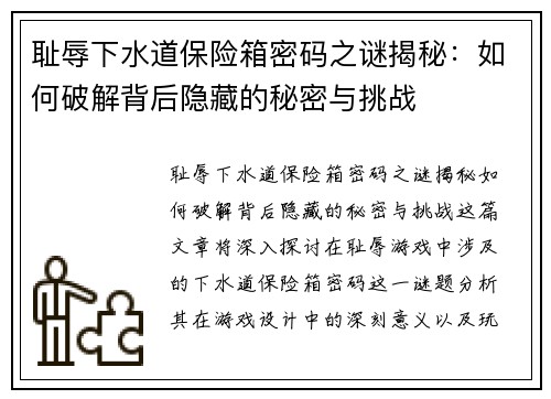 耻辱下水道保险箱密码之谜揭秘：如何破解背后隐藏的秘密与挑战